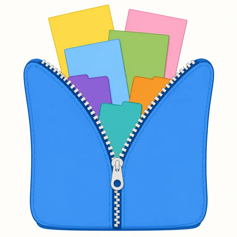 unzips（ファスナーを開ける／圧縮ファイルを解凍する・動詞）の覚え方イラスト — まず zip を「ファスナーを閉める／圧縮する」の基本形として押さえ、un- が付くと『逆動作』になる、とセットで覚えると unzips は自然に『閉…