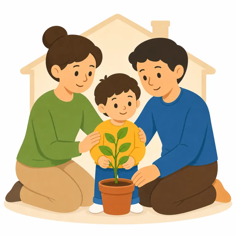 upbringing（育ち・名詞）の覚え方イラスト — まず句動詞 bring up を「育てる」でセットで覚えると、upbringing はその名詞形で「どう育てられたか」という流れで取りやすいです