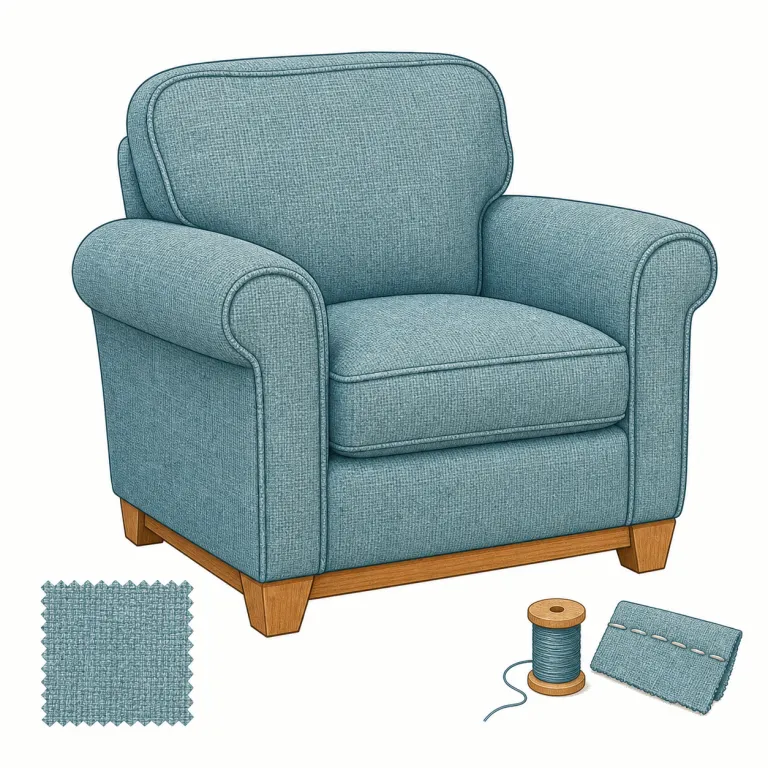 upholstered（布張りの・形容詞）の覚え方イラスト — 家具の説明で見たら、「布や革で表面を覆い、しかも中にクッション材が入っているタイプ」を一まとまりで指す語だと覚えると残りやすいです