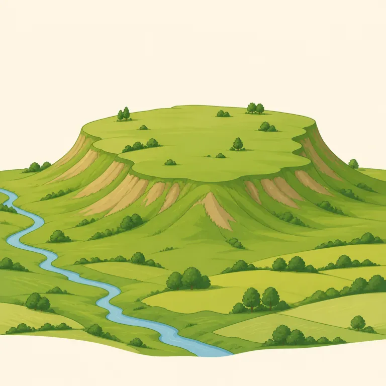 upland（高地・名詞）の覚え方イラスト — `upland` はまず `up` と `land` に分けると覚えやすいです