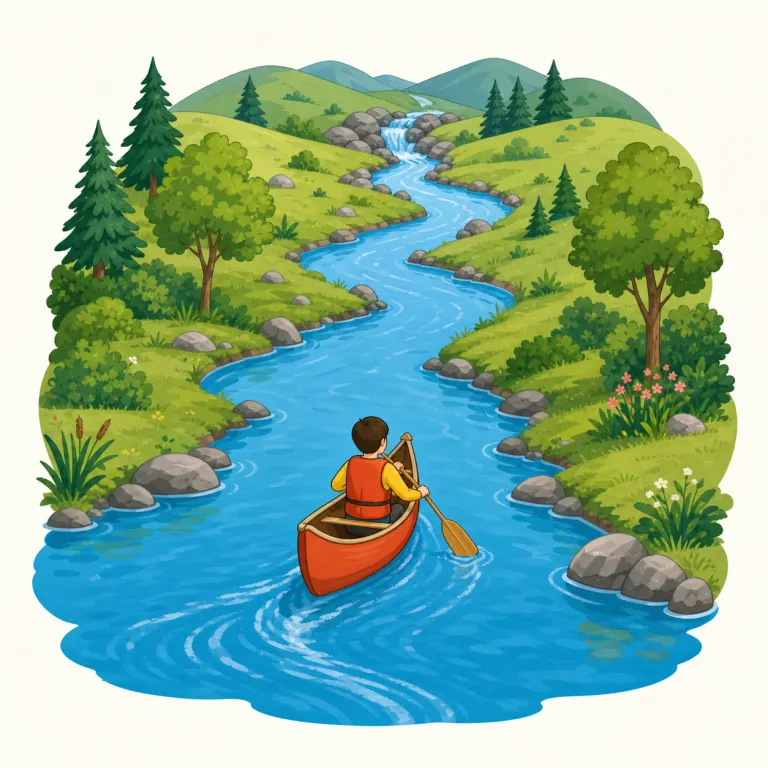 upriver（上流へ・副詞）の覚え方イラスト — `up + river` で「川の上の方へ」とまず直感的に押さえると覚えやすいです