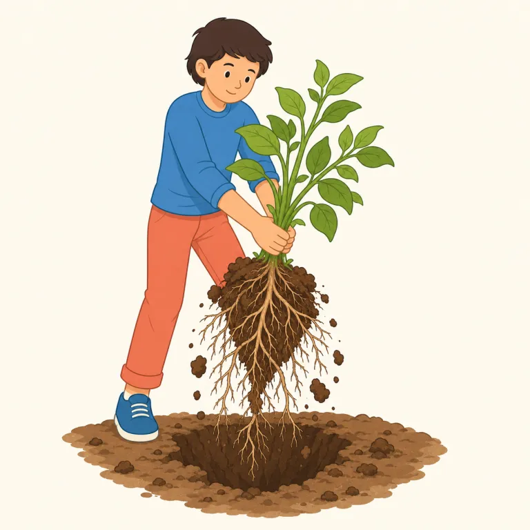 uprooting（根こそぎにする・動詞）の覚え方イラスト — まず root＝「根」を確実に押さえると、uprooting は up + root で「根を上に持ち上げる」→「根こそぎ引き抜く」と見えます