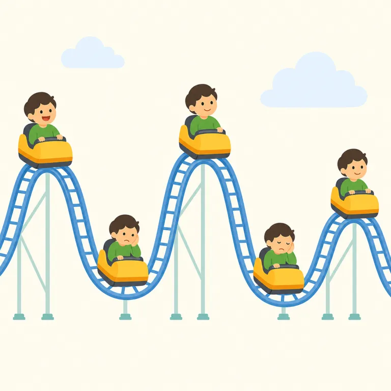 ups and downs（浮き沈み、好不調の波・イディオム）の覚え方イラスト — up と down という最重要の基本語を、複数形にして and で並べた形だと見ると覚えやすいです