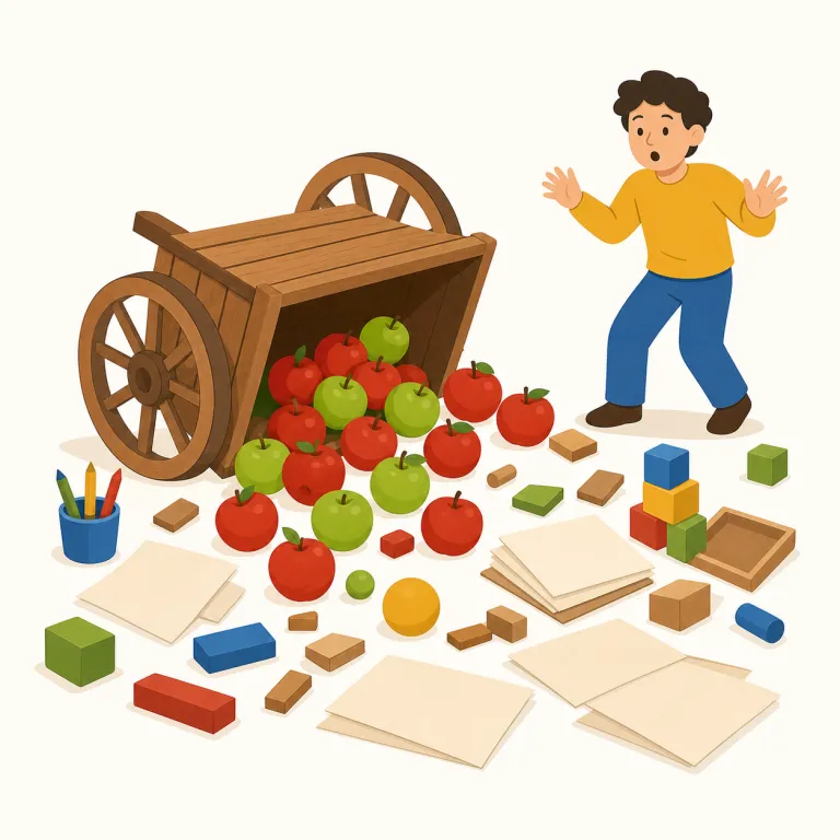 upset the apple cart（計画を台無しにする・イディオム）の覚え方イラスト — upset the apple cart は、upset「ひっくり返す」と apple cart「リンゴを積んだ荷車」から考えます
