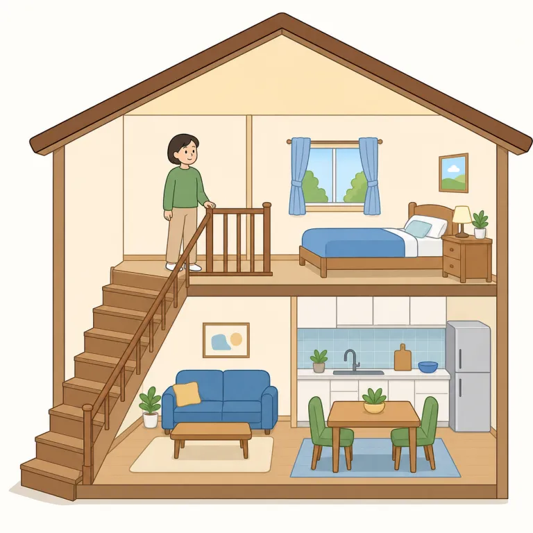 upstairs（上の階・副詞）の覚え方イラスト — upstairs を場所名のように扱う用法です