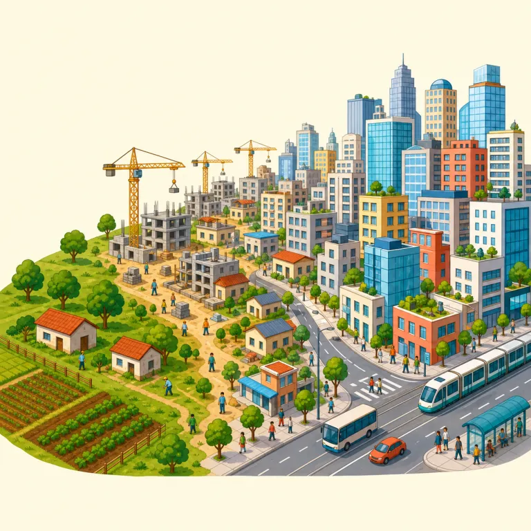 urbanisation（都市化・名詞）の覚え方イラスト — urban を知っていれば「都市のことに関わる変化」だと入りやすい語