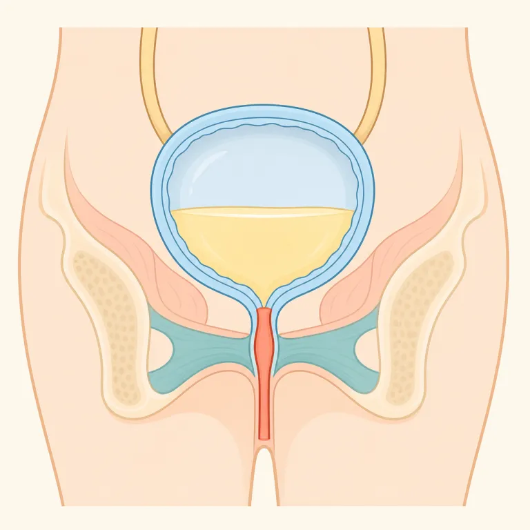 urethra（尿道・名詞）の覚え方イラスト — まず urine（尿）を知っている前提で、医療英語の ur- を見たら「尿・泌尿器まわり」を疑うクセをつけると覚えやすいです