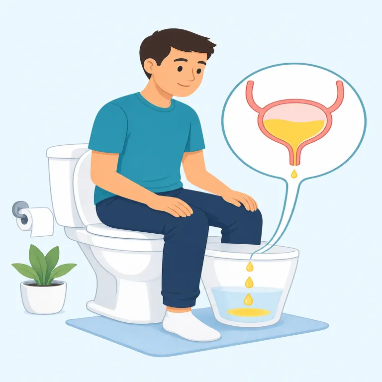 urination（排尿・名詞）の覚え方イラスト — まず基準語を `urine`（尿）で押さえ、そこから `urinate` が「排尿する」、`urination` が「排尿という行為・過程」と広がる形で覚えると整理しやすいです