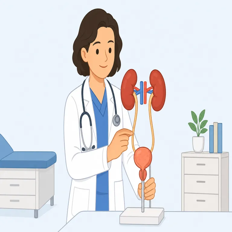 urologist（泌尿器科医・名詞）の覚え方イラスト — まず語尾の -logist を psychologist や biologist と同じ「その分野の専門家」と押さえると、urologist は「uro- を扱う専門医」と分解…