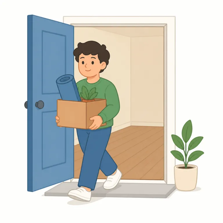 vacate（立ち退く・動詞）の覚え方イラスト — vacate は vacant「空いている」と同じ語根で、「人が出て行った結果、場所が空く」と考えると覚えやすい