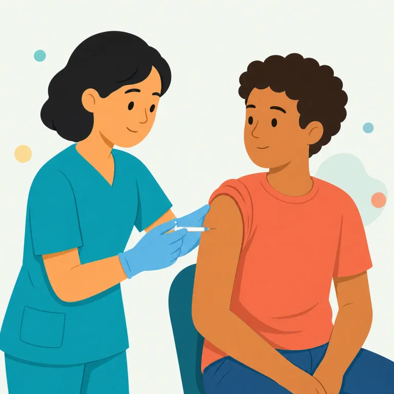vaccinate（ワクチン接種する・動詞）の覚え方イラスト — まず vaccine（ワクチン）が見えれば意味の中心はすぐ取れます