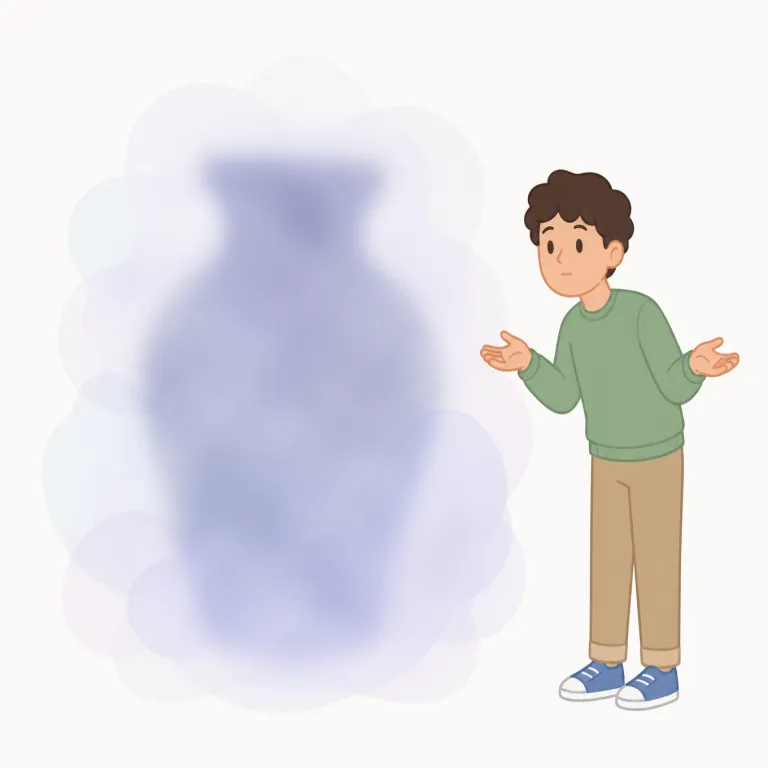 vague（曖昧な・形容詞）の覚え方イラスト — vague は「内容はゼロではないが、輪郭がぼやけていてはっきりしない」ときの定番語