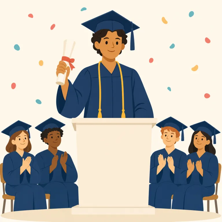 valedictorian（総代・名詞）の覚え方イラスト — valedictorian は、まず「卒業式でスピーチする最優秀生」という1場面で丸ごと覚えるのが近道です