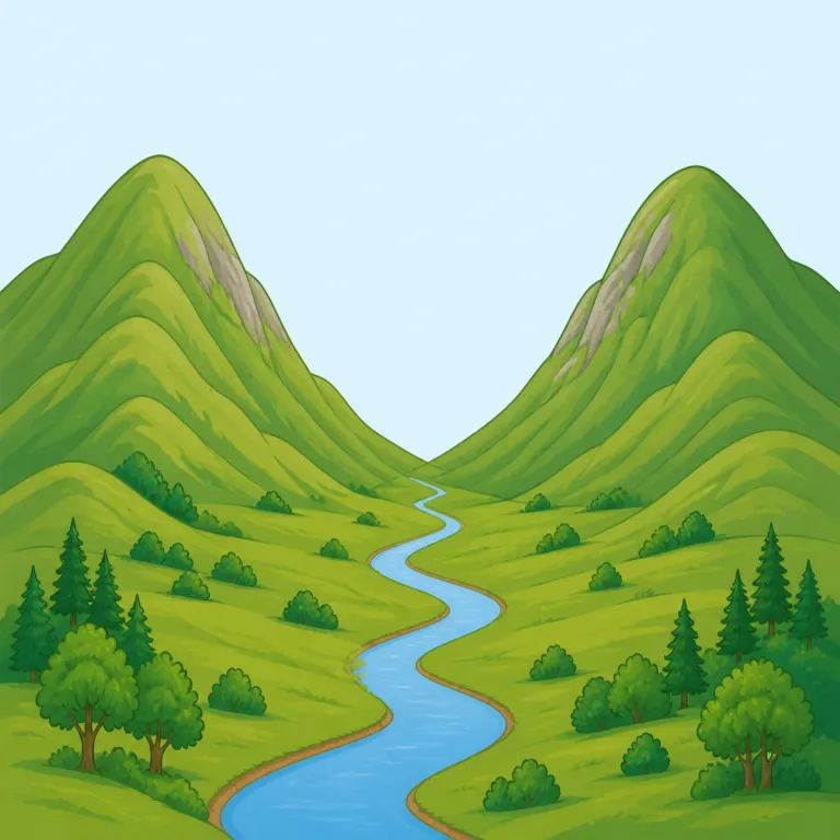 valley（谷・名詞）の覚え方イラスト — mountain や hill を知っていれば、その「間の低い土地」が valley