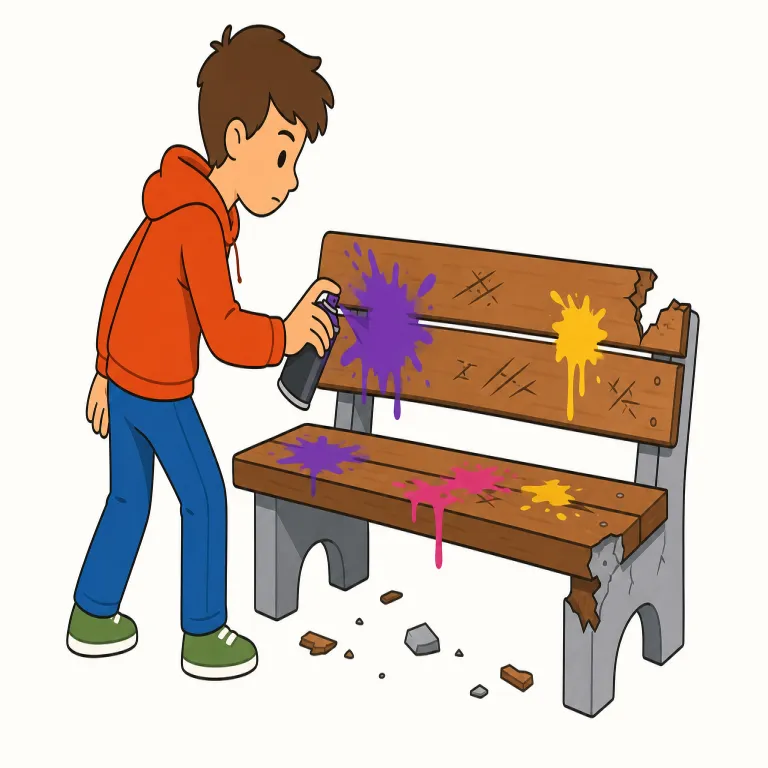 vandalize（破壊する・動詞）の覚え方イラスト — このエントリでは、vandalize を「汚損する」ではなく、公共物や他人の物を意図的に壊す意味で覚えます
