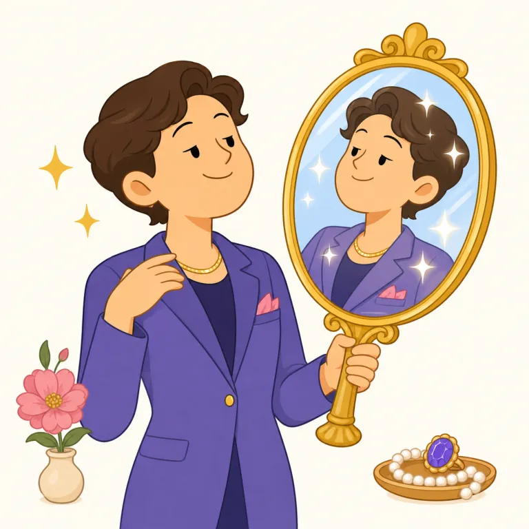 vanity（虚栄心・名詞）の覚え方イラスト — vain（うぬぼれた）から、vanity は「うぬぼれ・見栄の強さ」を表す名詞だと押さえるとよいです