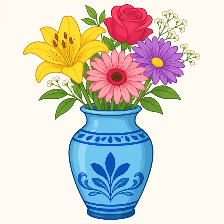 vase（花瓶・名詞）の覚え方イラスト — vase は花を飾る「花瓶」で、a vase of flowers（花を生けた花瓶）、put flowers in a vase（花を花瓶に生ける）が基本表現