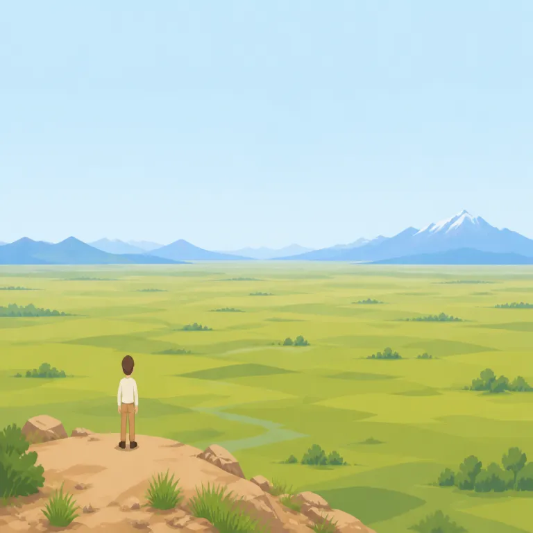vast（広大な・形容詞）の覚え方イラスト — vast は「広大な」として、土地・海・空・地域などが見渡せないほど大きく広がる場面で覚えます