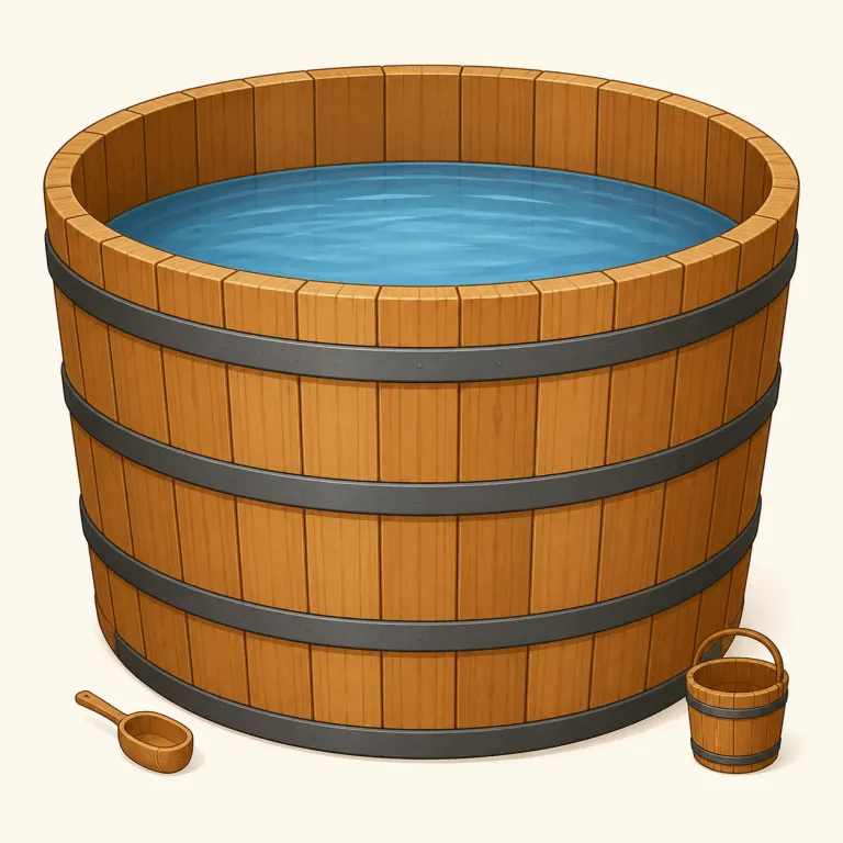 vat（大桶・名詞）の覚え方イラスト — vat は家庭用の bucket よりはるかに大きく、液体をためたり加工したりする「大桶」