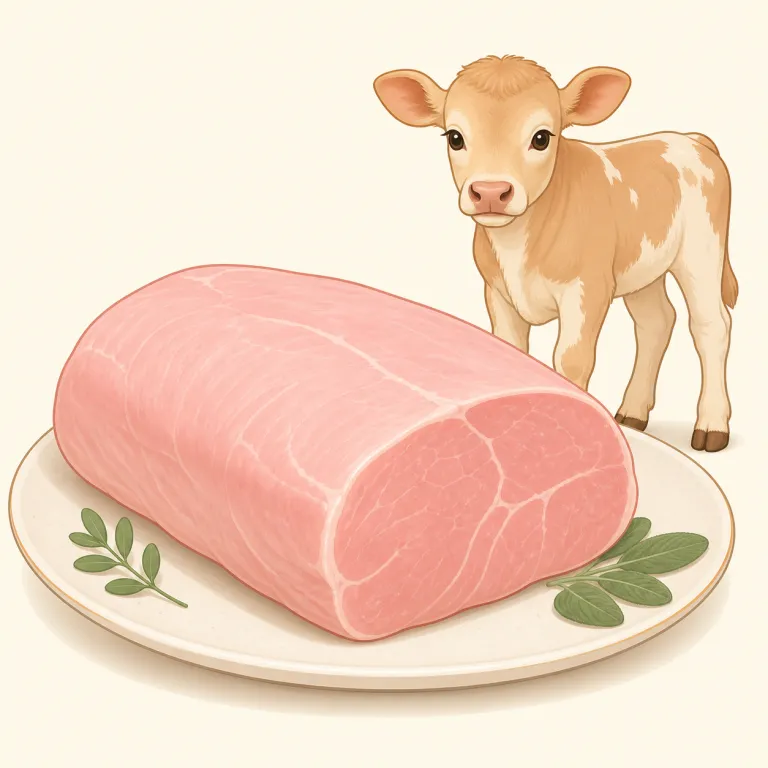 veal（子牛肉・名詞）の覚え方イラスト — veal は「子牛」を表す calf と結び付け、calf が動物、veal がその食肉名だと整理する