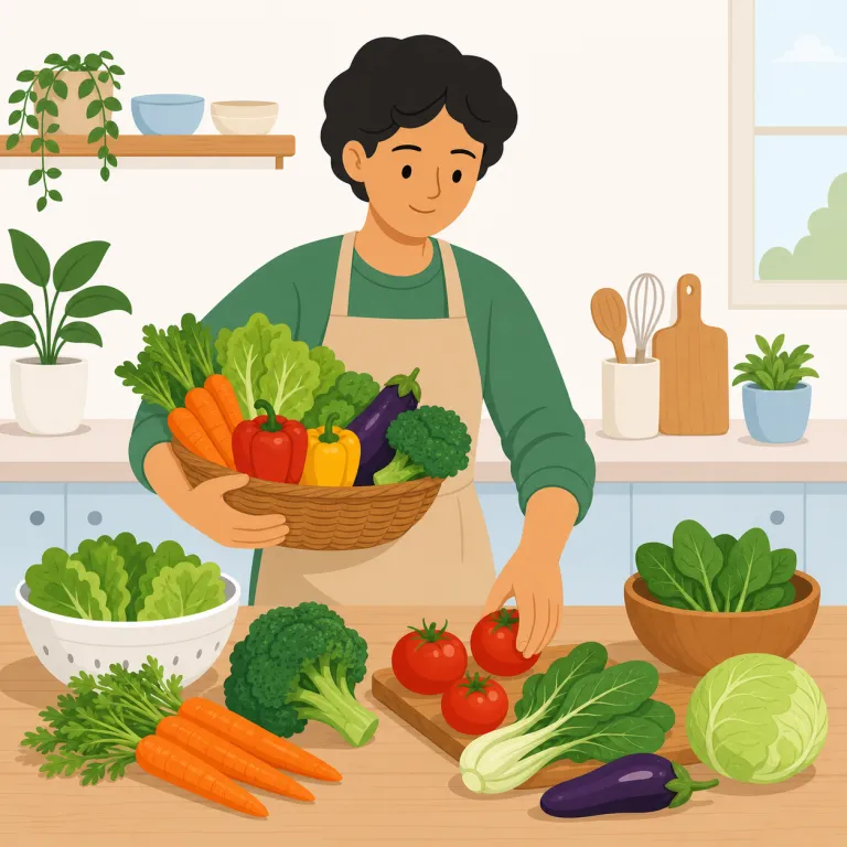 vegetable（野菜・名詞）の覚え方イラスト — vegetarian（菜食主義者）や veggie（野菜）の省略形を知っていると、vegetable は同じ「野菜グループ」の基本語として結びつけやすいです