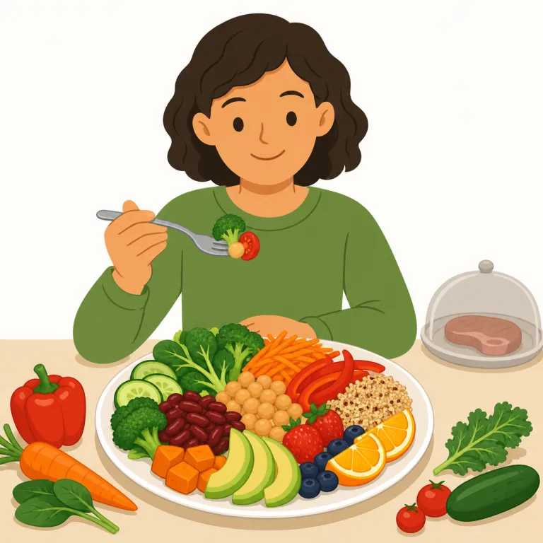 vegetarian（ベジタリアン・名詞）の覚え方イラスト — 人を表す vegetarian は、食べ物の種類ではなく「そういう食生活をしている人」に焦点があります