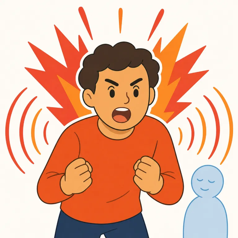 vehement（激しい・形容詞）の覚え方イラスト — vehement は、単に strong ではなく『感情が前に噴き出している強さ』を表す形容詞