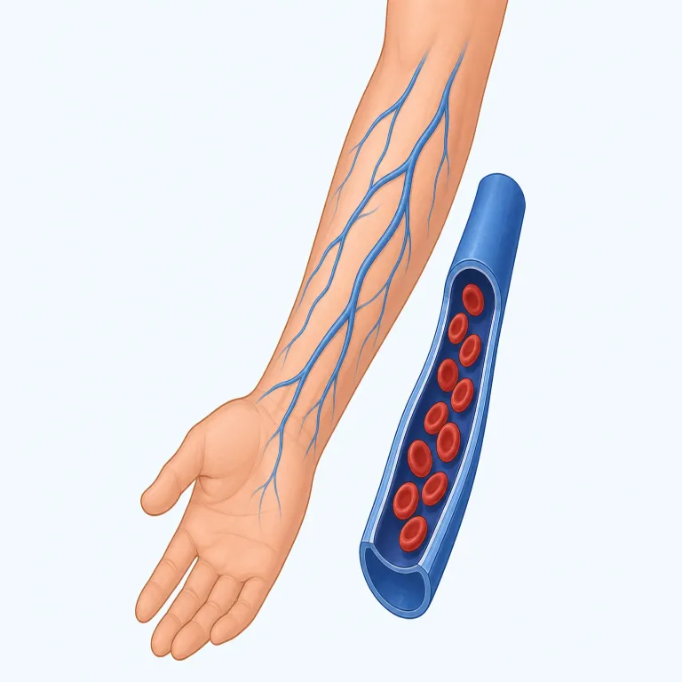 vein（静脈・名詞）の覚え方イラスト — vein は、体内で血液を心臓へ戻す血管「静脈」を指します