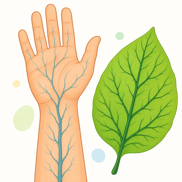 veiny（血管が浮き出た、筋の入った・形容詞）の覚え方イラスト — veiny は vein「血管・葉脈」が見えている状態、と分解すると覚えやすい語です