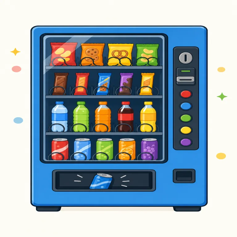 vending machine（自動販売機・名詞）の覚え方イラスト — machine はそのまま「機械」なので、まず全体を「物を売る機械」という一まとまりで覚えるのが近道です