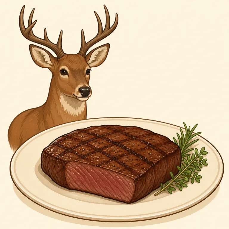 venison（鹿肉・名詞）の覚え方イラスト — venison は『鹿そのもの』ではなく『鹿の肉』を表す、beef（牛肉）や pork（豚肉）と同じ“肉の名前”の仲間として覚えると定着しやすいです