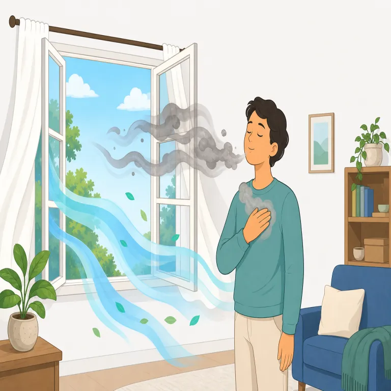 ventilate（換気する／感情を吐き出す・動詞）の覚え方イラスト — ventilate は vent（通気口・感情を吐き出す）と ventilation（換気）を知っているとつながる語