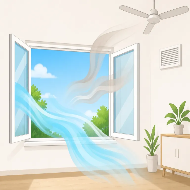ventilation（換気・名詞）の覚え方イラスト — vent が入る語は「風・空気の通り道」を連想すると残りやすいです