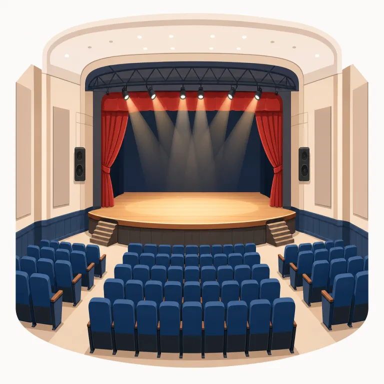 venue（会場・名詞）の覚え方イラスト — この venue は「開催地」という広い意味ではなく、コンサート、結婚式、試合などで人が集まる具体的な建物やスペースを指す用法として覚える