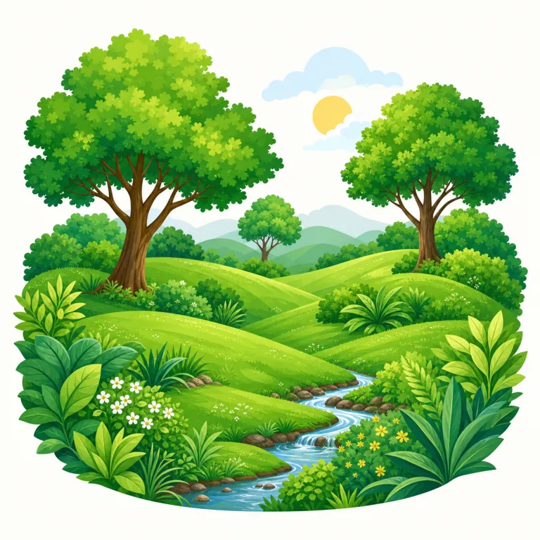 verdant（緑豊かな・形容詞）の覚え方イラスト — green を一段と景色寄り・描写寄りにした語として覚えると定着しやすいです