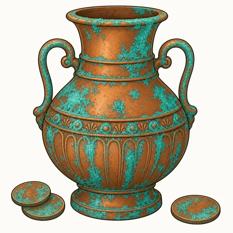 verdigris（緑青・名詞）の覚え方イラスト — まず「銅像や古い屋根に出る青緑の膜」という場面で覚えると定着しやすい語です