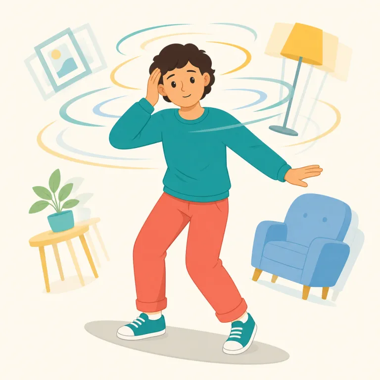 vertigo（めまい・名詞）の覚え方イラスト — 「dizziness」が広い意味の“めまい”なのに対し、vertigo は「自分や景色が回っている感じ」のあるめまいだと区別して覚えると定着しやすい