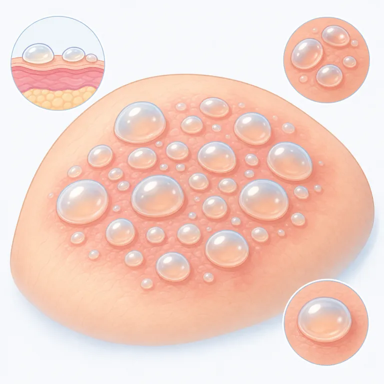 vesicular（水疱状の・形容詞）の覚え方イラスト — 「vesicle（小胞・小さな袋）」を知っていると、vesicular はほぼ「vesicle のような」で取れる