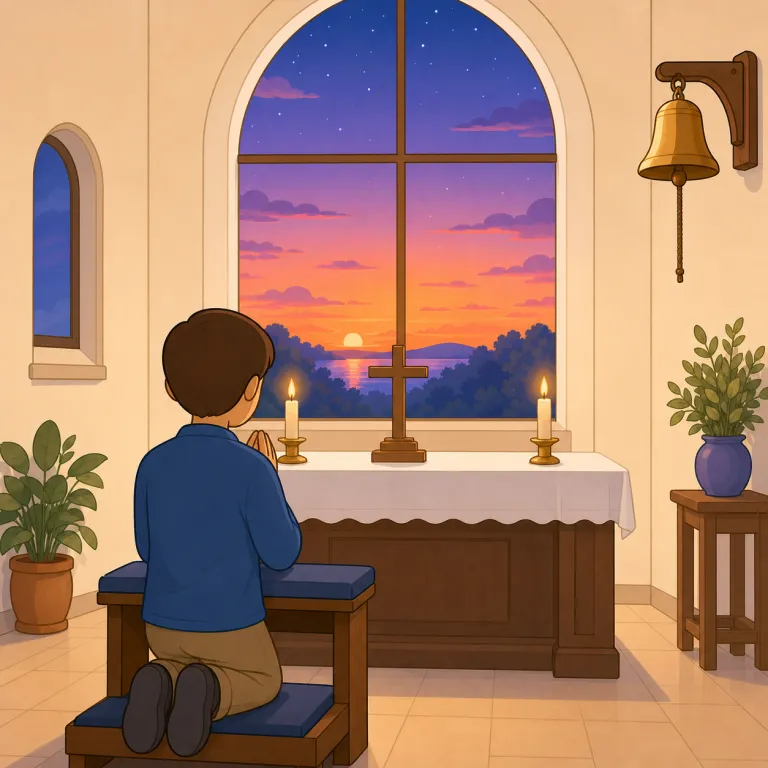 vespers（晩課・名詞）の覚え方イラスト — church や prayer を知っていれば、vespers は『夕方に教会で行う祈り』という場面ごと覚えると定着しやすい語です