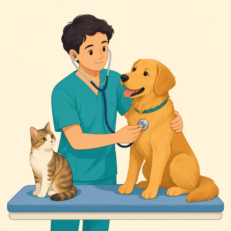 veterinary（獣医学の・形容詞）の覚え方イラスト — まず veterinarian（獣医）や vet（獣医・動物病院の略）とセットで覚えると定着しやすい語です