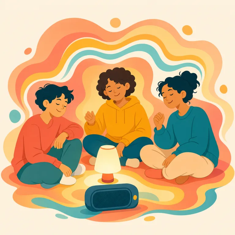 vibe（雰囲気・名詞）の覚え方イラスト — vibration「振動」から生まれた語で、人や場所が発する目に見えない波を感じ取るイメージです