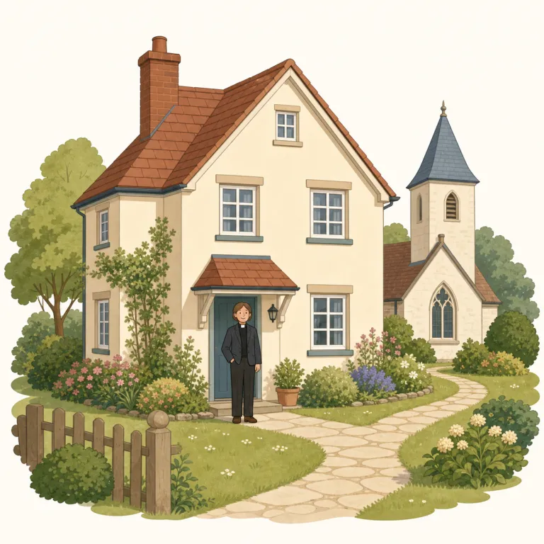 vicarage（牧師館・名詞）の覚え方イラスト — まず vicar を知っていると覚えやすい語です