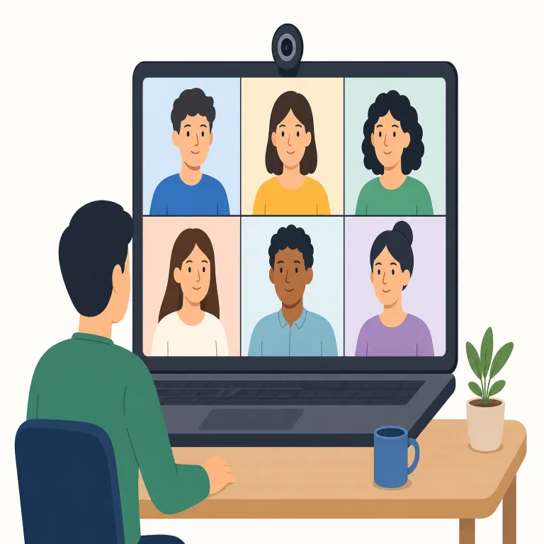 videoconference（ビデオ会議・名詞）の覚え方イラスト — `video` と `conference` に分けて覚えると定着しやすい語です