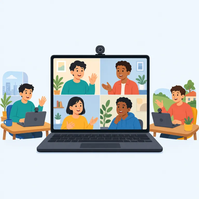 videoconferencing（ビデオ会議・名詞）の覚え方イラスト — まず video conference という見慣れた2語のまとまりで捉えると覚えやすいです