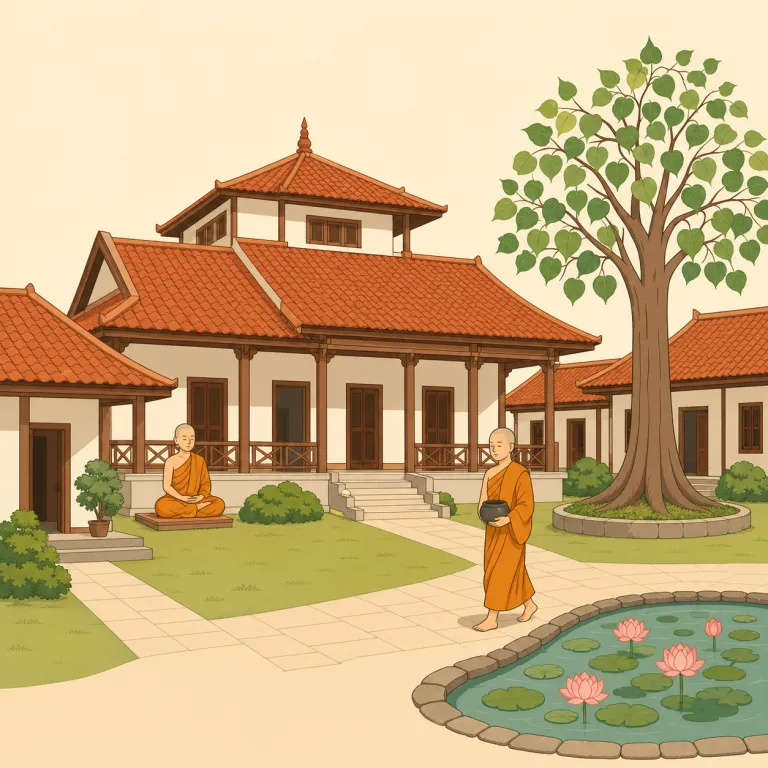 vihara（仏教の修道院・名詞）の覚え方イラスト — まず基本語の monastery「修道院」を土台にし、その仏教版の専門語が vihara だと覚えると整理しやすいです