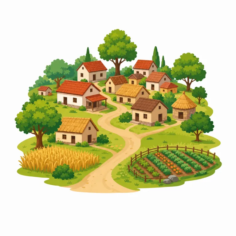 village（村・名詞）の覚え方イラスト — village は、まず village people や village road のように『人や建物が少し集まった場所』の絵で覚えると残りやすいです