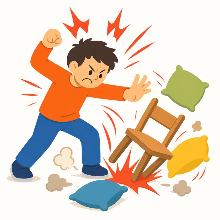 violent（暴力的な・形容詞）の覚え方イラスト — violent は violence「暴力」の形容詞なので、まず「害を与える力が外へ向かう」とイメージする