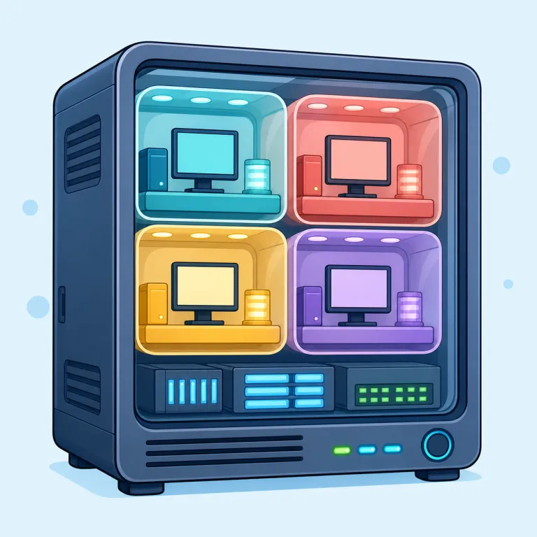 virtualization（仮想化・名詞）の覚え方イラスト — まず `virtual` を「画面上・ソフト上では存在するが、実物ではない」と押さえると覚えやすいです