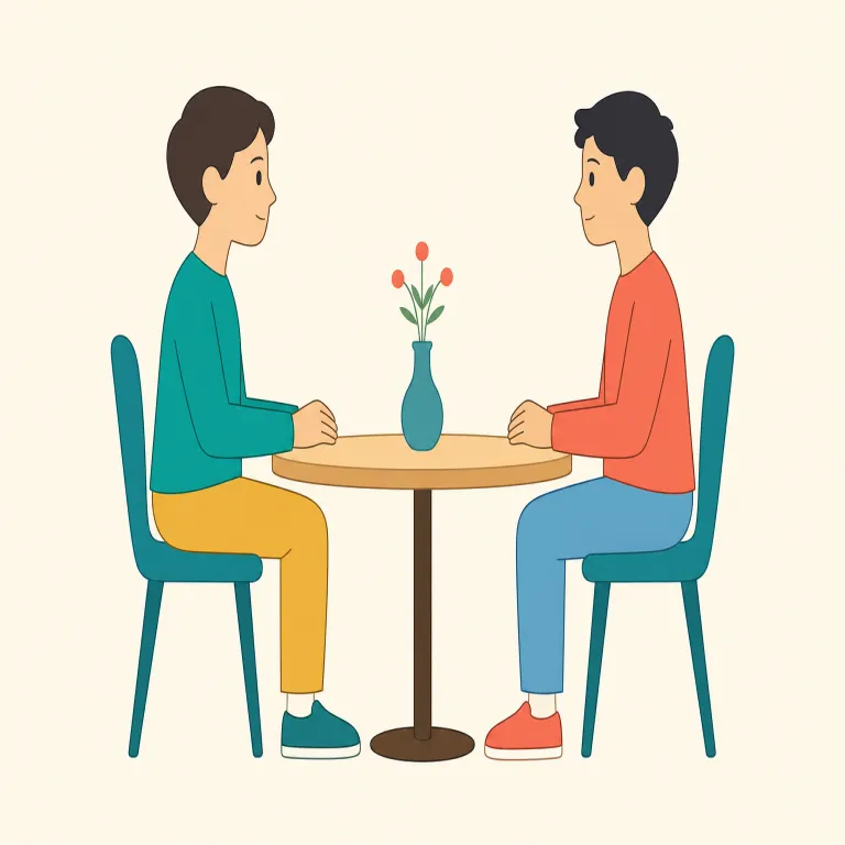 vis-a-vis（向かい合って・副詞）の覚え方イラスト — フランス語の vis「顔」が二度現れ、その間の à が「〜に対して」を表すので、「顔と顔を向け合う」と捉えると覚えやすい語です