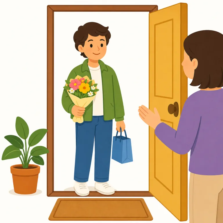 visitor（訪問者・名詞）の覚え方イラスト — visitor は visit「訪れる」に -or「する人」が付いた語で、「訪れる人」とそのまま読めます